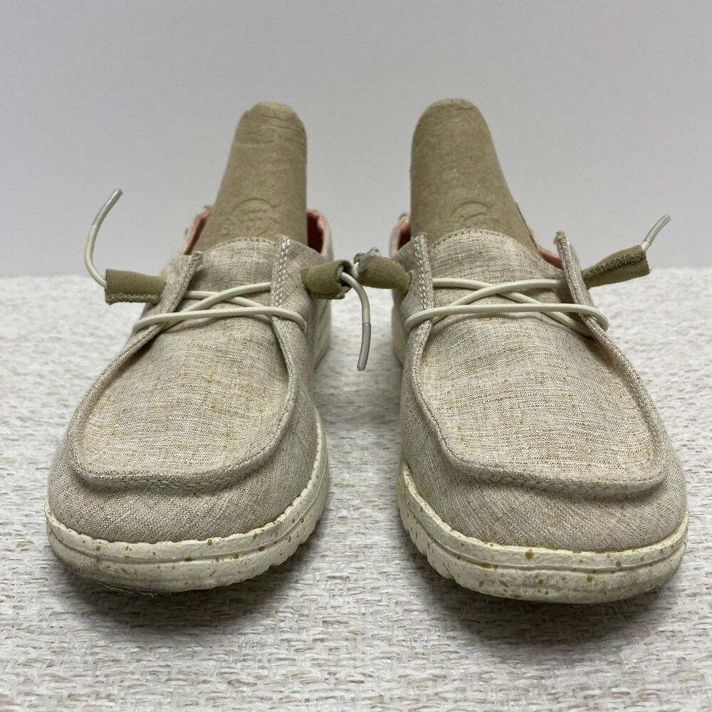 Hey Dude Womens 5 Wendy Chambray White Nut Slip On Comfort Shoes **READ**
